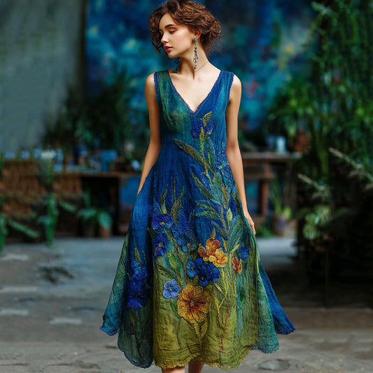 Vintage Floral Embroidered Flowy V Neck Midi Dress