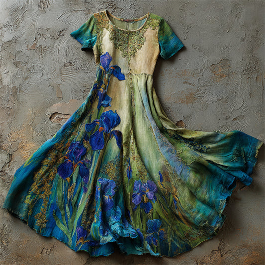Oil Painting Irises Embroidered  Lace Flowy Linen Maxi Dress