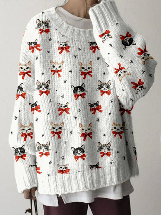 Comstylish Cute Christmas Cat Pattern Cozy Knit Sweater