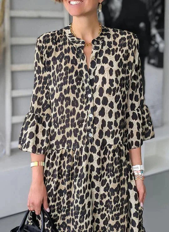 KS | Midi dress with leopard print, button placket and 3/4 sleeves