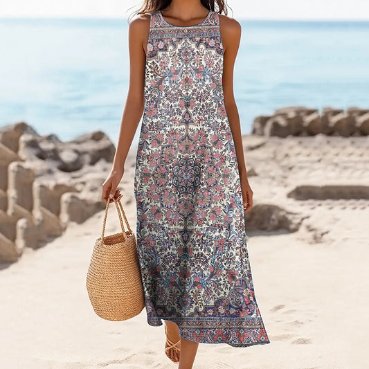 Women's Vintage Ethnic Floral Print Linen Blend Tank Midi Dress artswardrobe