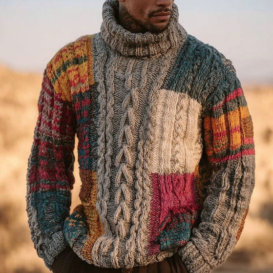 Men's Retro Geometric Patchwork Cozy Turtleneck Sweater artswardrobe