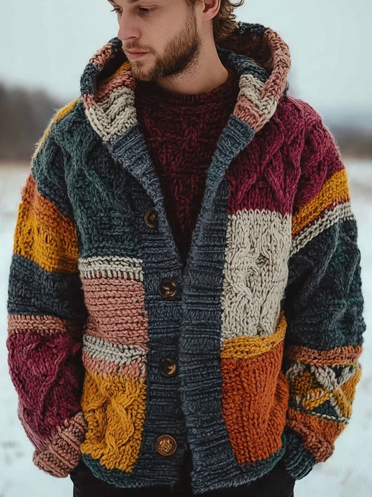 Men's Retro Geometric Patchwork Chunky Hooded Cardigan artswardrobe