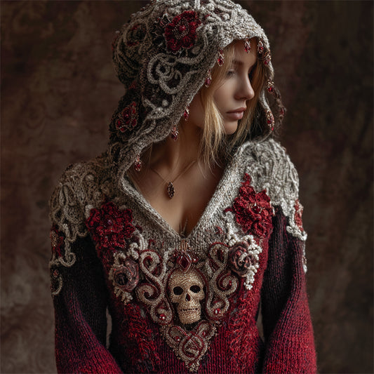 Vintage Diamond Skull & Flowers Celtic Cozy Knit Hooded Sweater elevenforest