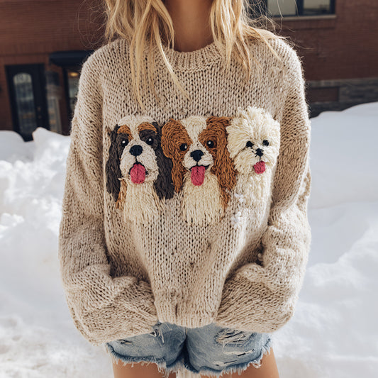 Comstylish Fuzzy Papillon Cavalier King Charles Spaniel And Bichon Frise Dog Family Felt Cozy Knit Sweater