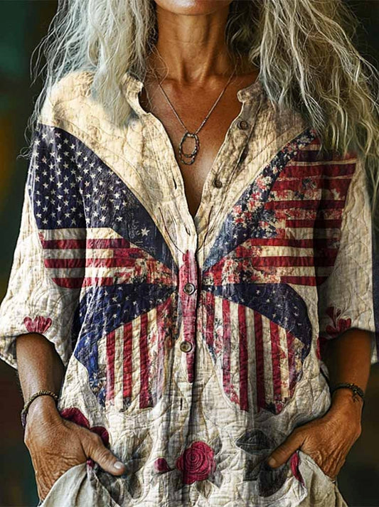 Women's Memorial Day Butterfly Print Casual Cotton Linen Shirt
