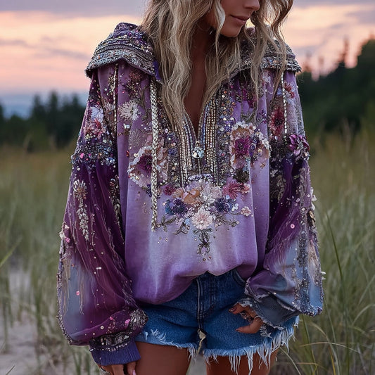 Comstylish Women's Flowers Embroidered Sequined Tie Dye Hoodie