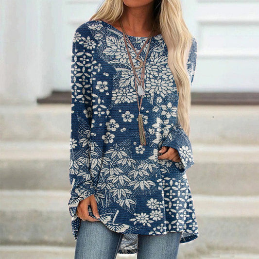 Comstylish Vintage Japanese Art Flower Print Long Sleeve Tunic