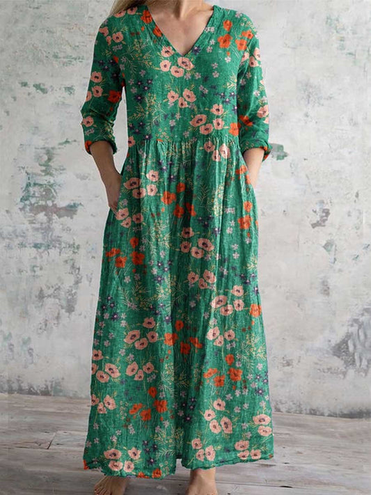 Women's Elegant Floral Pattern V-Neck Cotton Dress