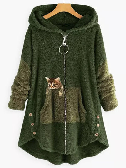 KS | Cozy fleece hooded jacket with adorable cat print