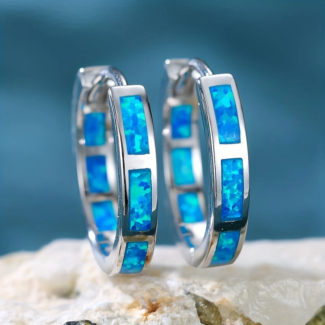 Opal Hoop Silver Earrings