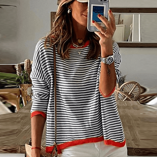 JO | Blue striped sweater with orange trim