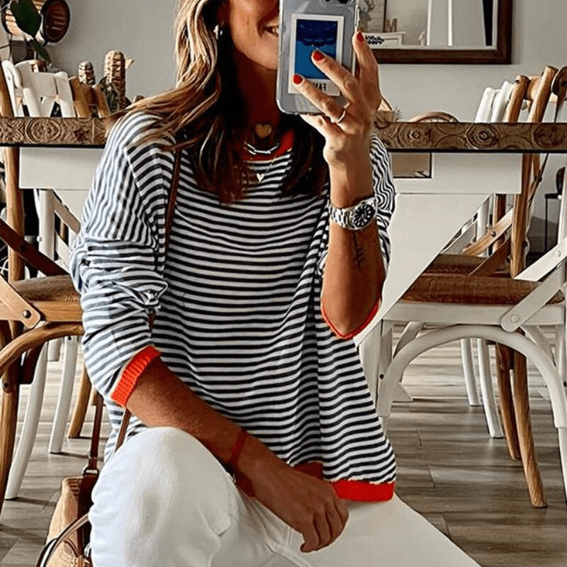 JO | Blue striped sweater with orange trim