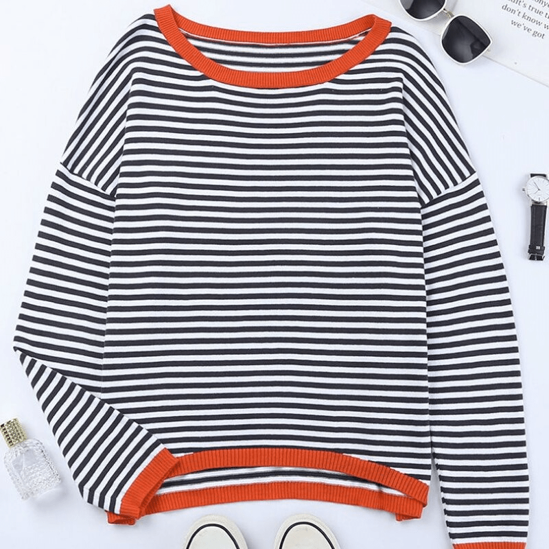 JO | Blue striped sweater with orange trim