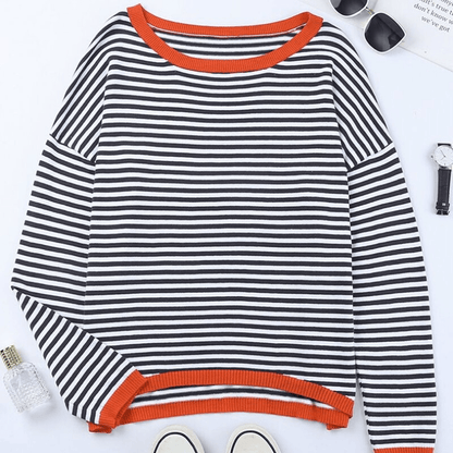 JO | Blue striped sweater with orange trim