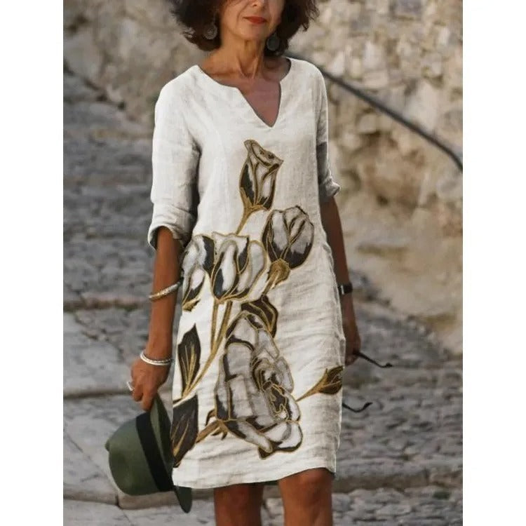 KS | Midi dress with V-neck and floral pattern