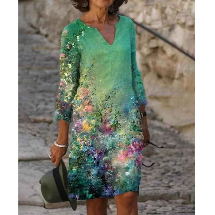 KS | Midi dress with V-neck and floral pattern