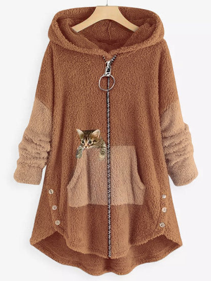 KS | Cozy fleece hooded jacket with adorable cat print
