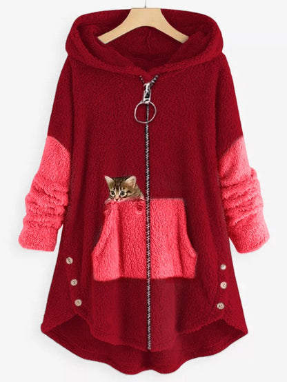 KS | Cozy fleece hooded jacket with adorable cat print