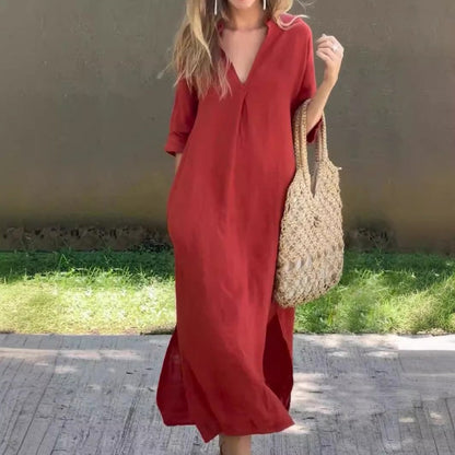 KS | Linen dress with V-neck and pocket
