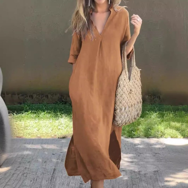 KS | Linen dress with V-neck and pocket