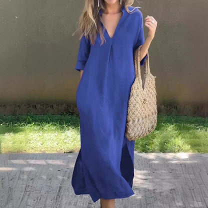 KS | Linen dress with V-neck and pocket