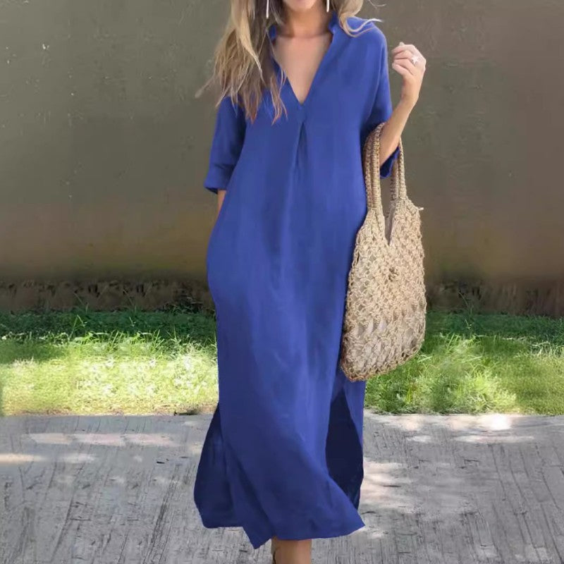 KS | Linen dress with V-neck and pocket