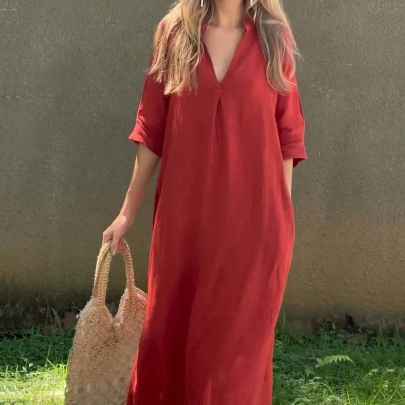 KS | Linen dress with V-neck and pocket