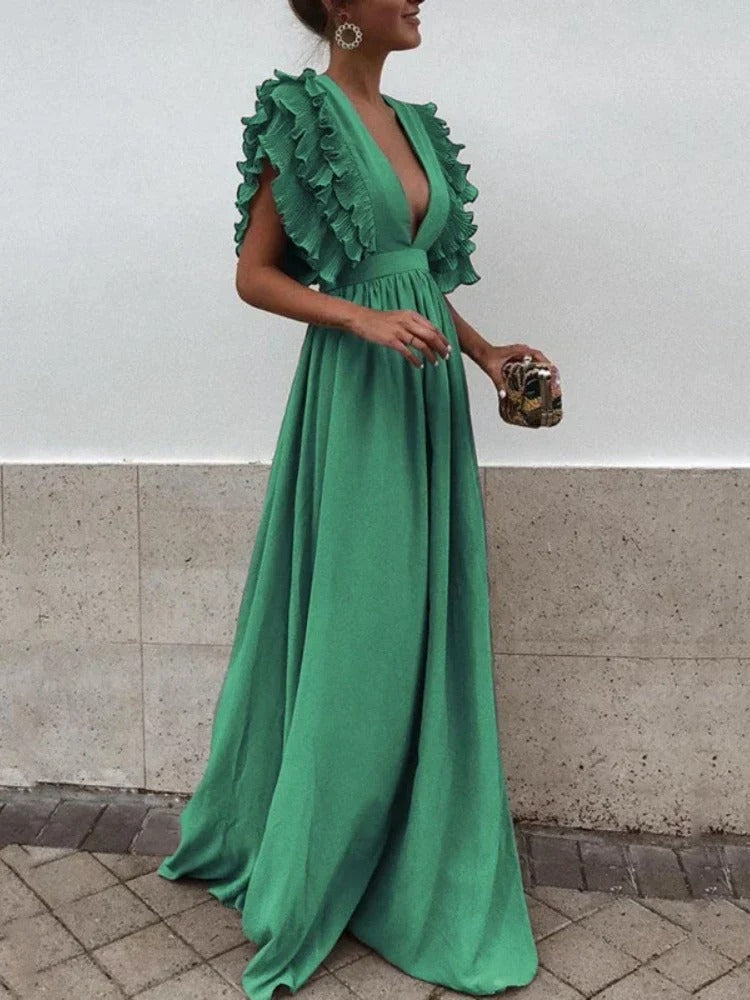 KS | Elegant dress with V-neck and ruffled sleeves