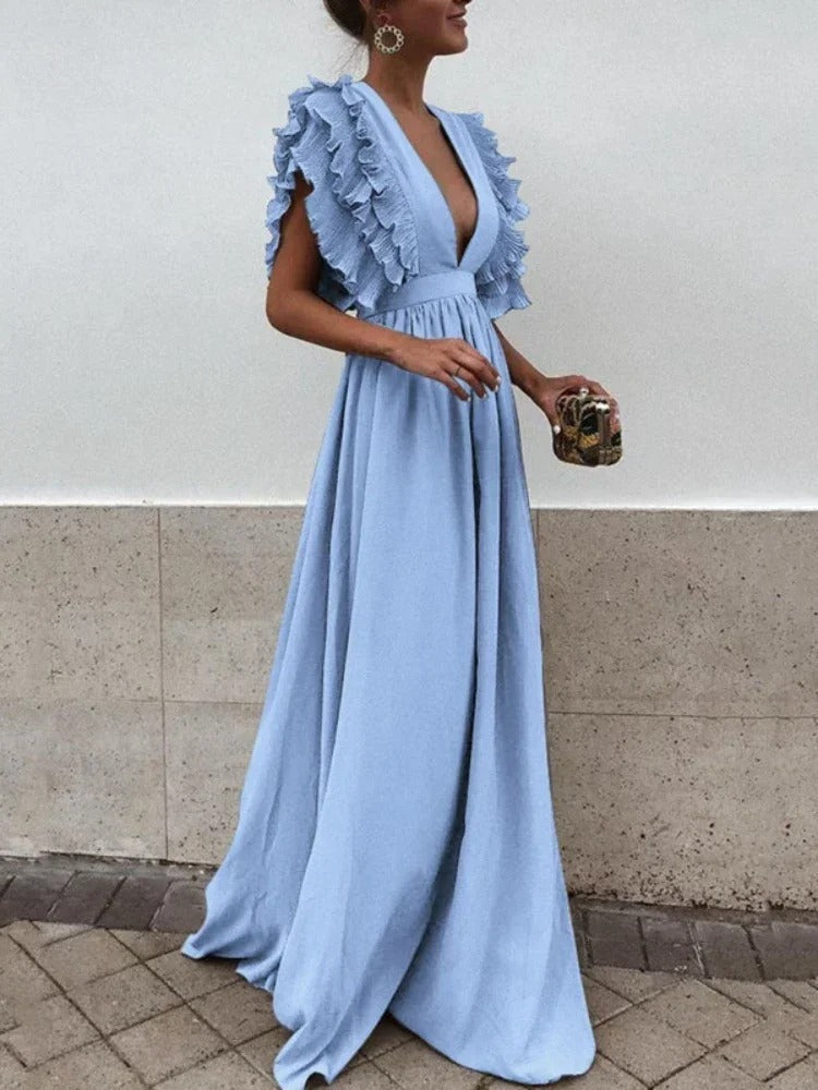 KS | Elegant dress with V-neck and ruffled sleeves